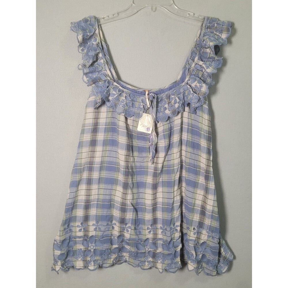 NWT Free People Brooks Mini Dress Womens XS Blue Plaid Floral Hem - Picture 3 of 12